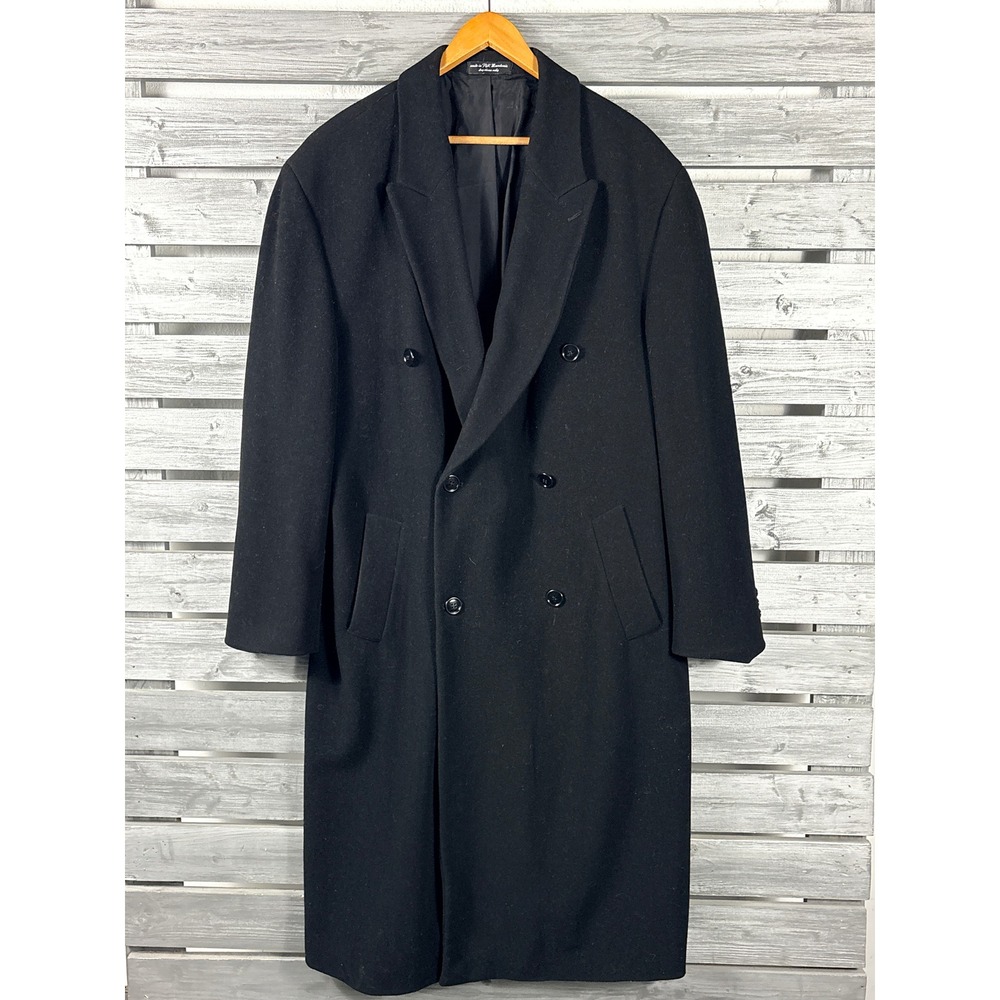 Vtg Chaps Ralph Lauren Mens Black Wool Cashmere Double Breasted Trench Coat 46R